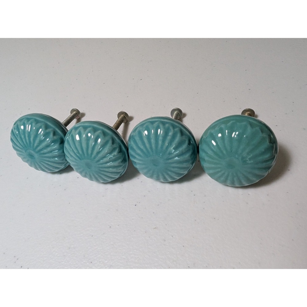 World Market Set of 4 Turquoise Teal Ceramic Drawer Knobs Fluted Cabinet Pulls